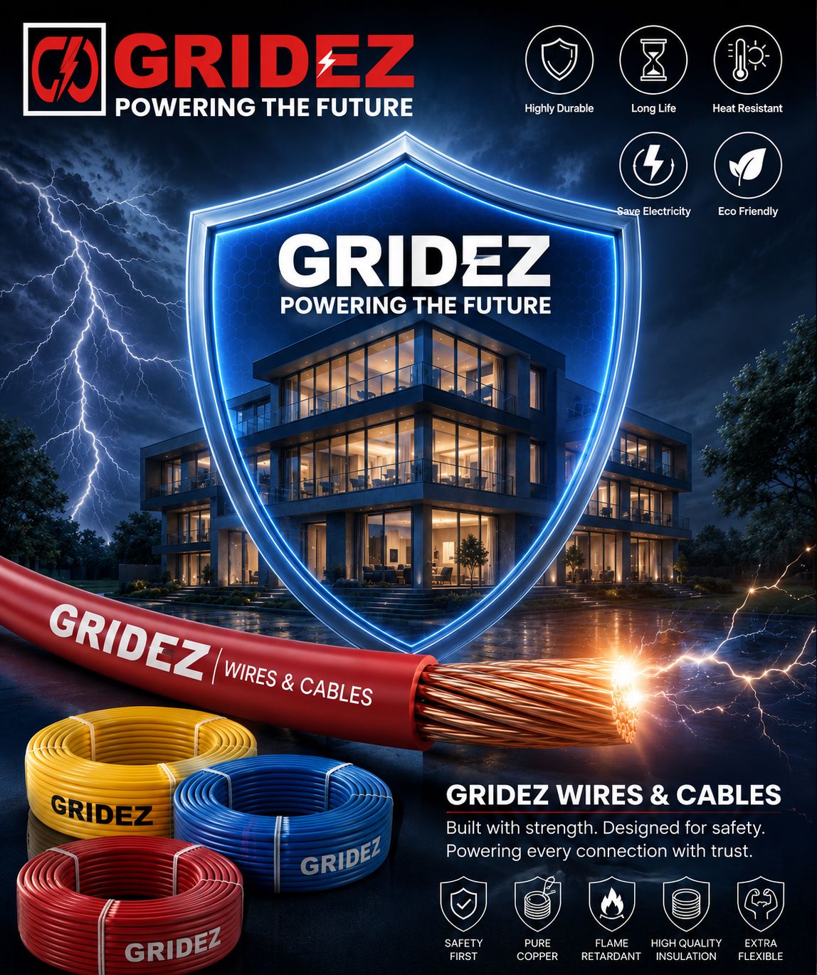 GRIDEZ FR PVC Insulated Wire & Cable 100% Copper | 90 Mtr. | Flame Retardant | 1100V Grade
