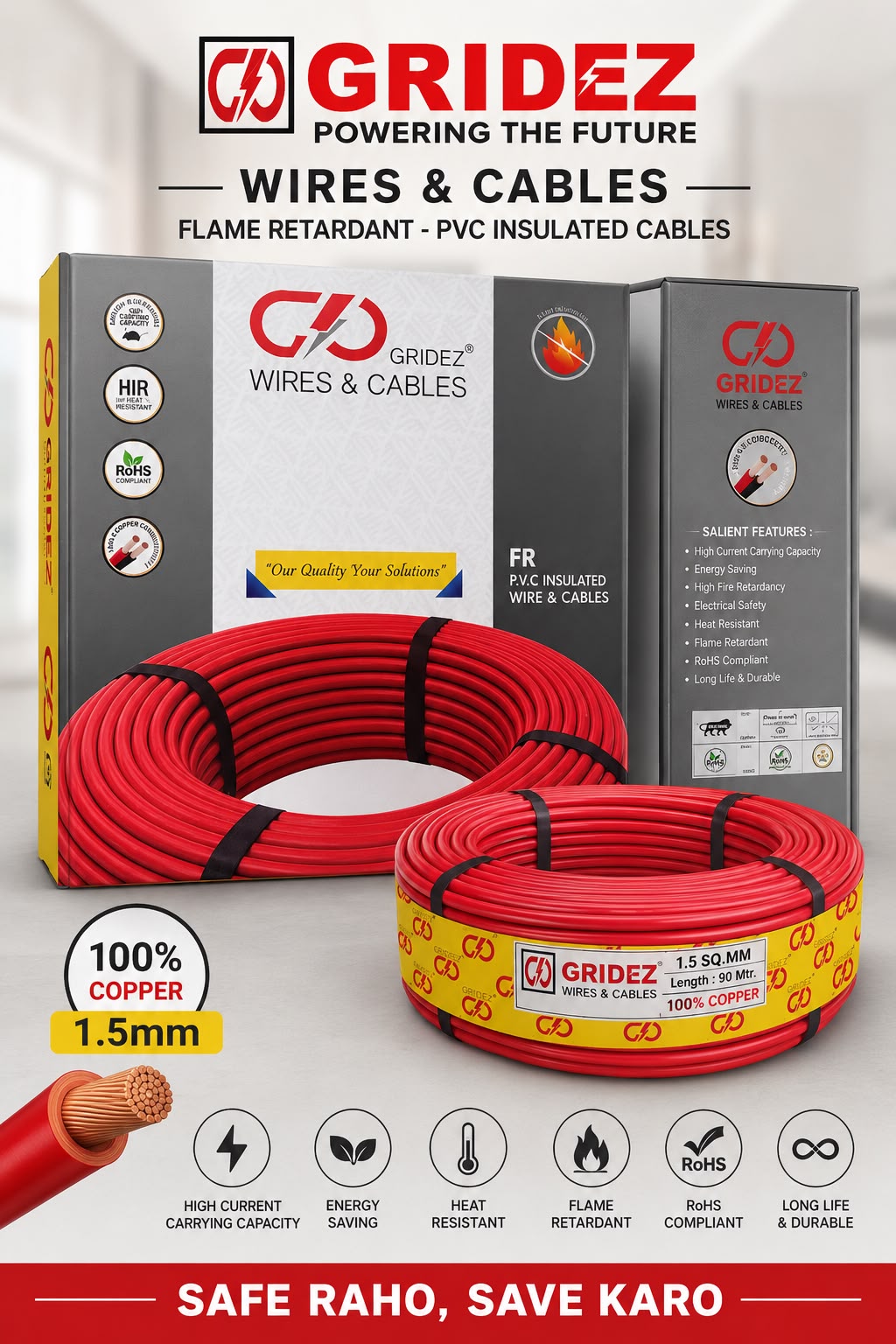 GRIDEZ FR PVC Insulated Wire & Cable 100% Copper | 90 Mtr. | Flame Retardant | 1100V Grade