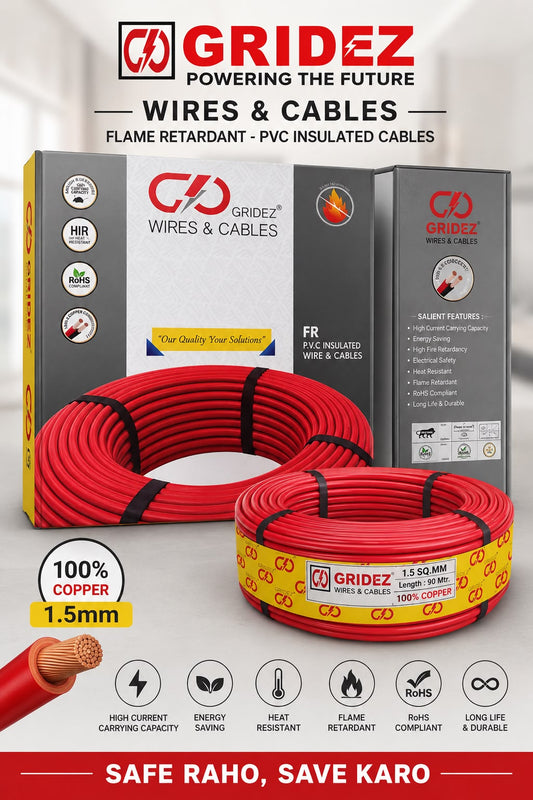 GRIDEZ FR PVC Insulated Wire & Cable 100% Copper | 90 Mtr. | Flame Retardant | 1100V Grade