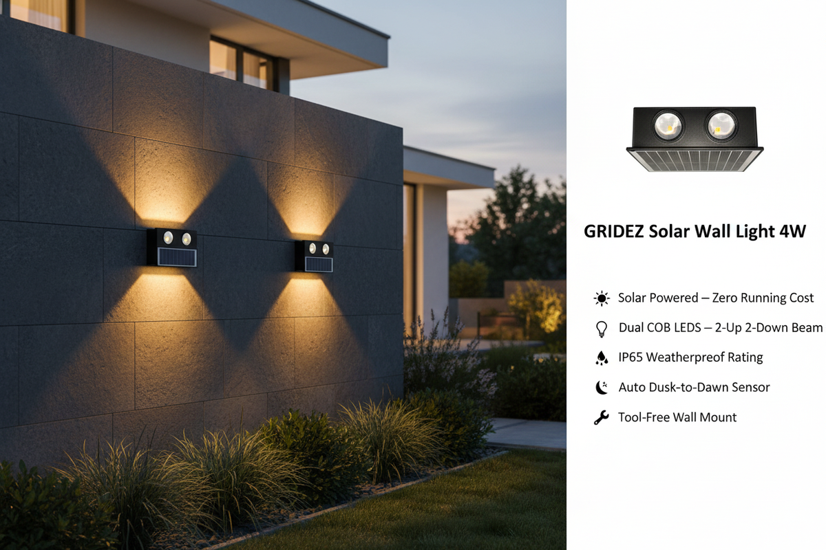 GRIDEZ 4W Solar Wall Light — Professional Lifestyle Banner